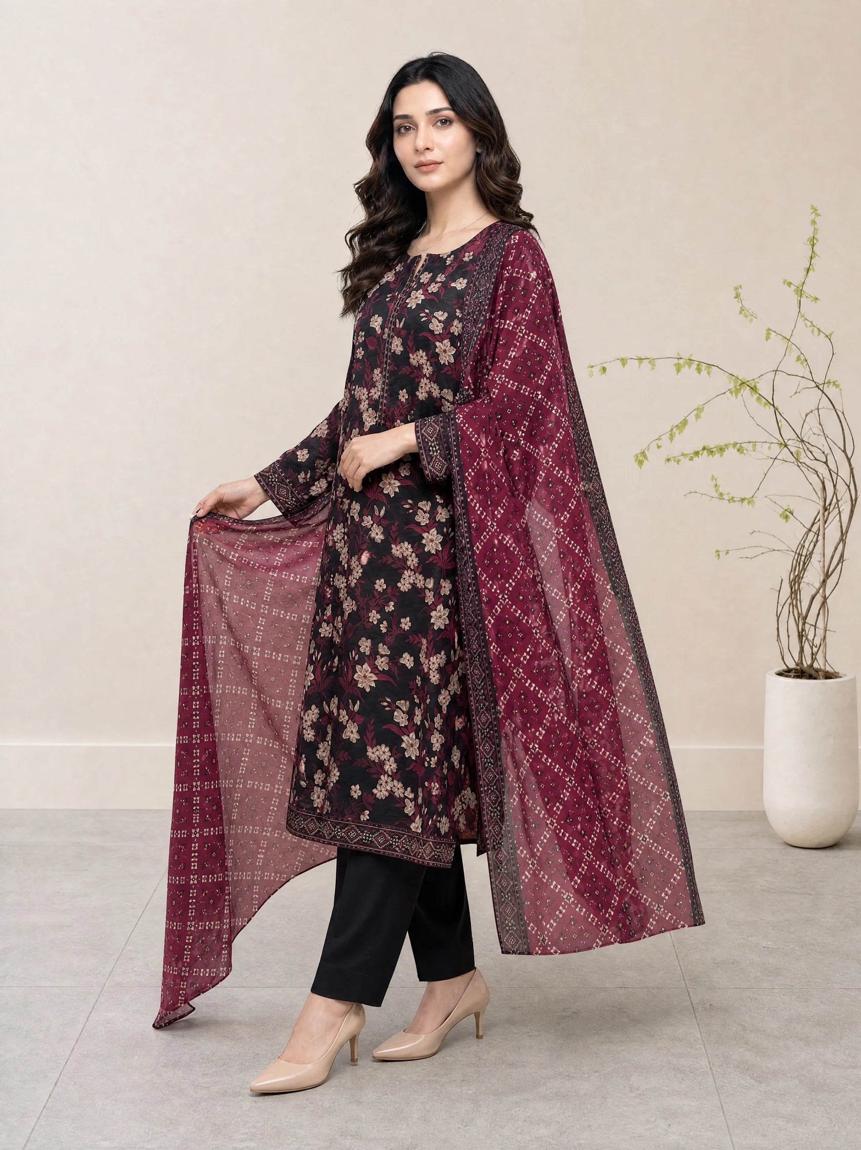 03-Piece Printed Lawn Suit With Cotton Shalwar | Ready To Wear