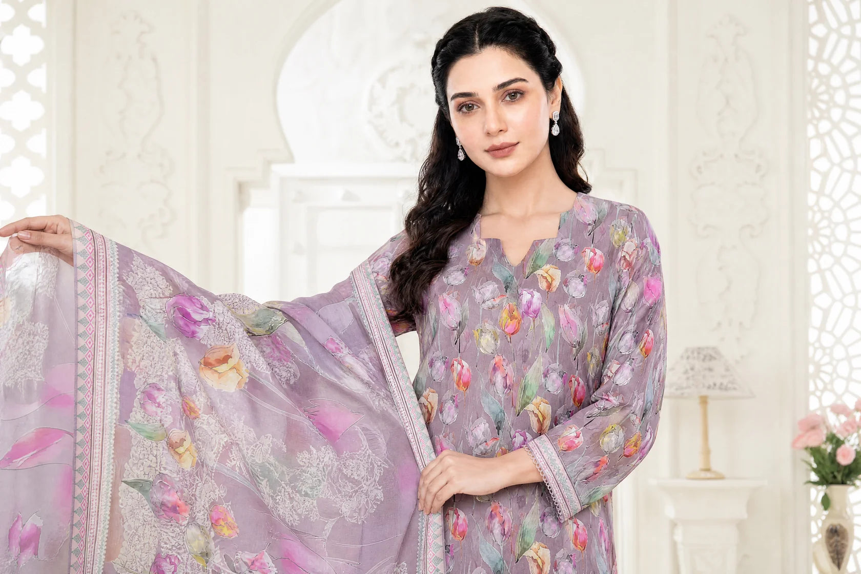 03-Piece Printed Lawn Suit With Cotton Trouser | Ready To Wear