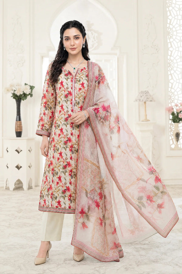 03-Piece Printed Lawn Suit With Cotton Trouser | Ready To Wear