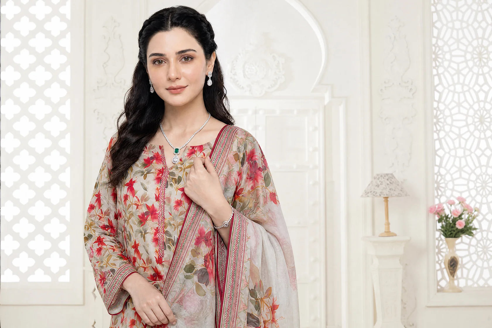 03-Piece Printed Lawn Suit With Cotton Trouser | Ready To Wear