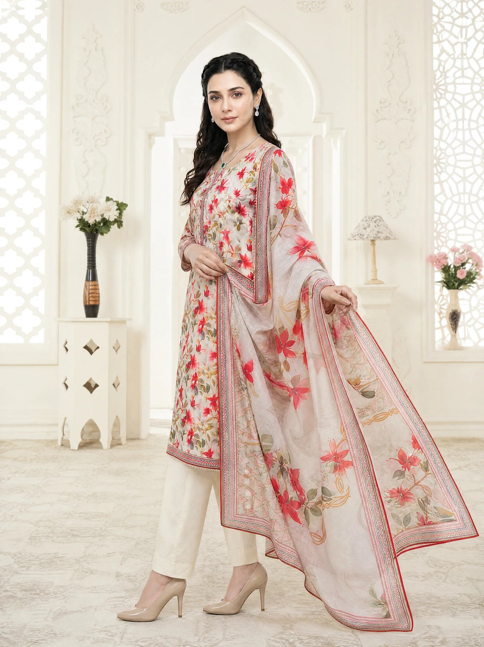 03-Piece Printed Lawn Suit With Cotton Trouser | Ready To Wear