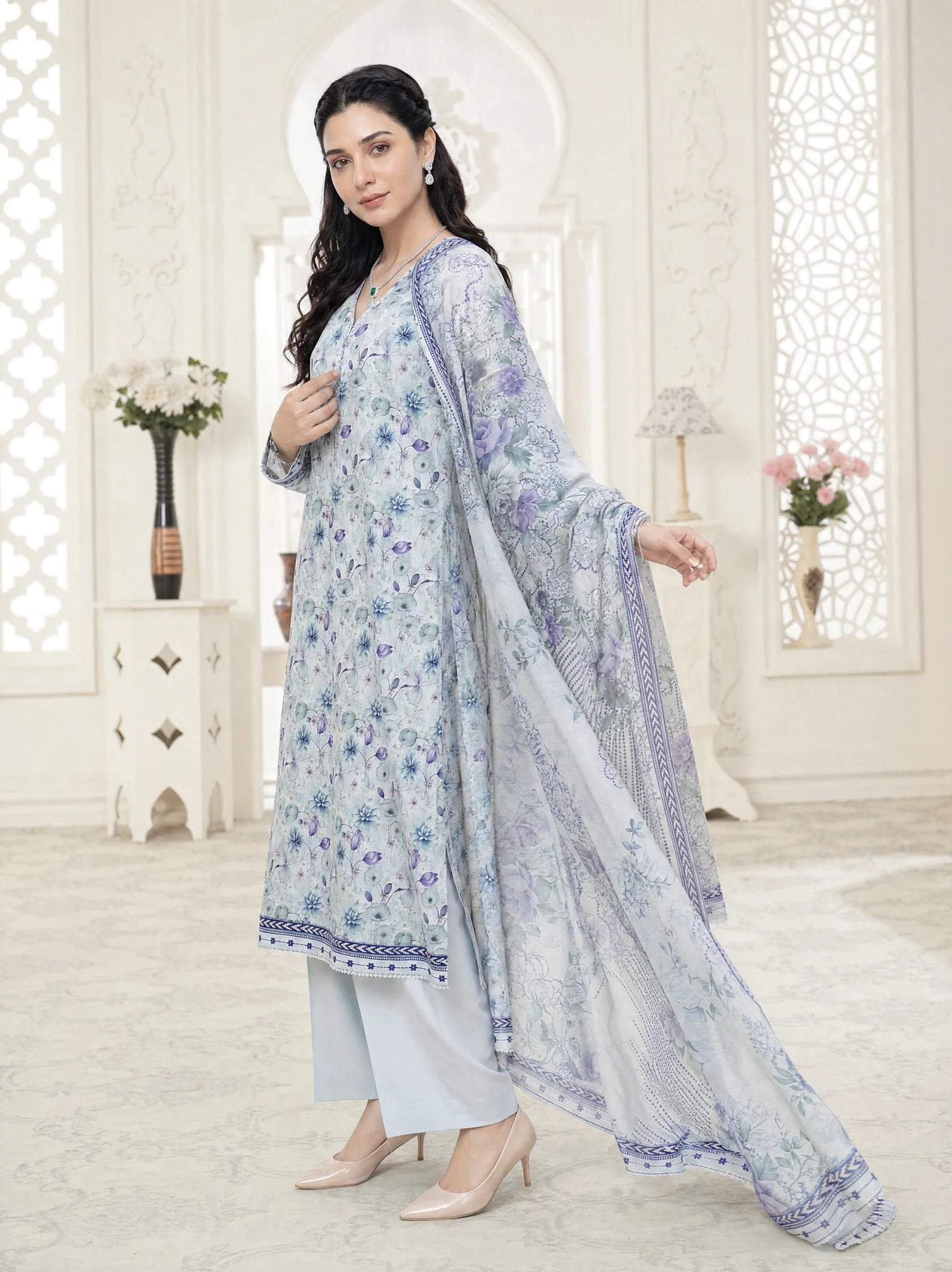 03-Piece Printed Lawn Suit With Cotton Trouser | Ready To Wear