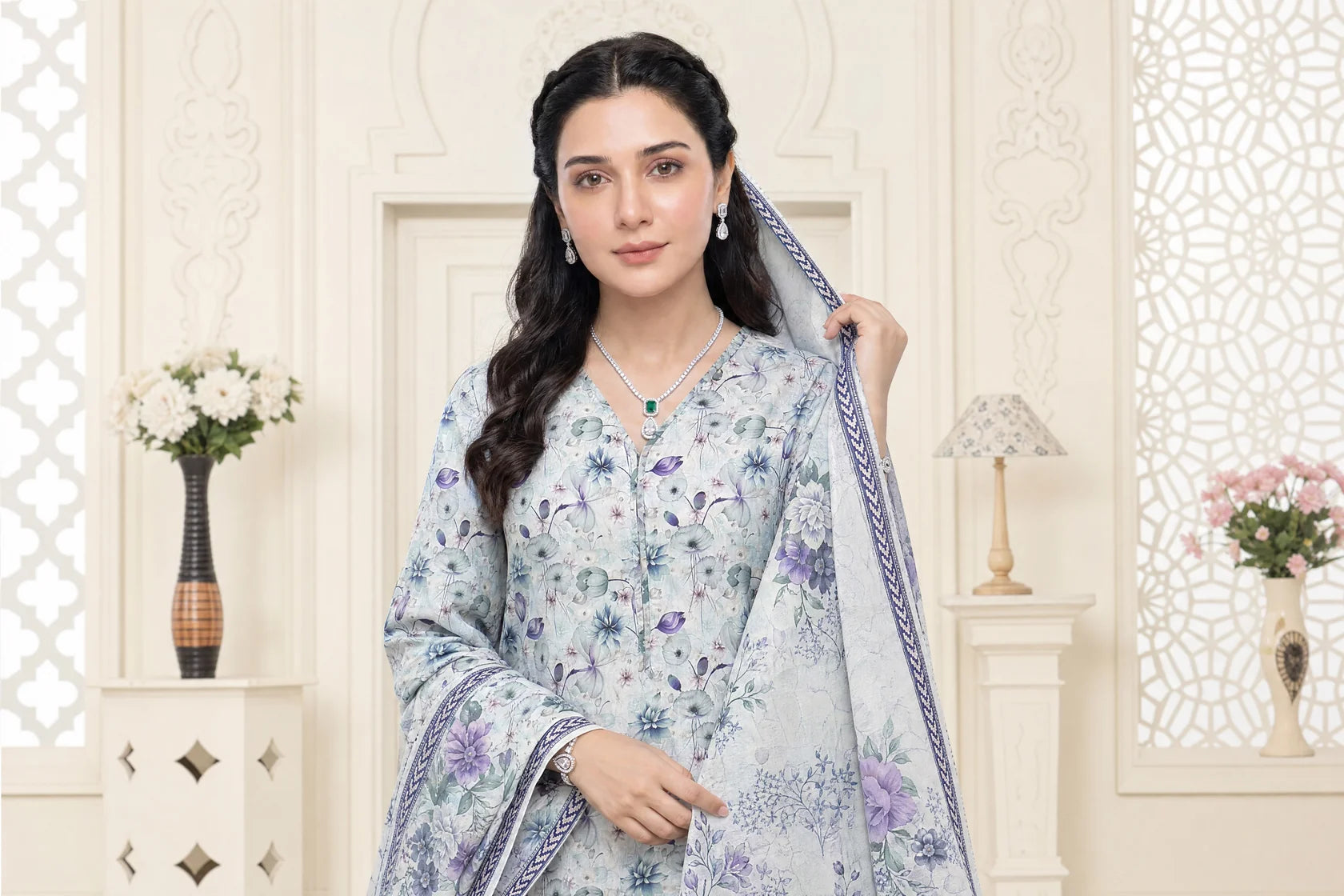 03-Piece Printed Lawn Suit With Cotton Trouser | Ready To Wear