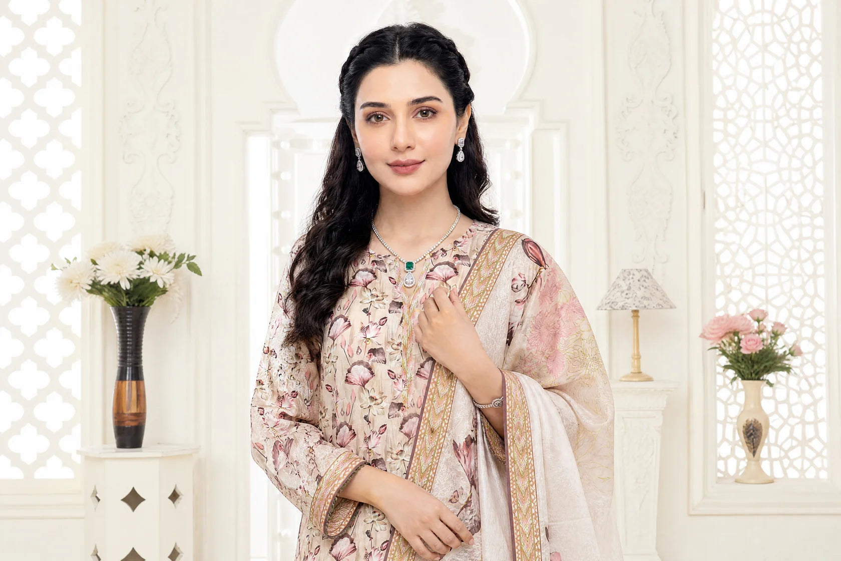 03-Piece Printed Lawn Suit With Cotton Trouser | Ready To Wear