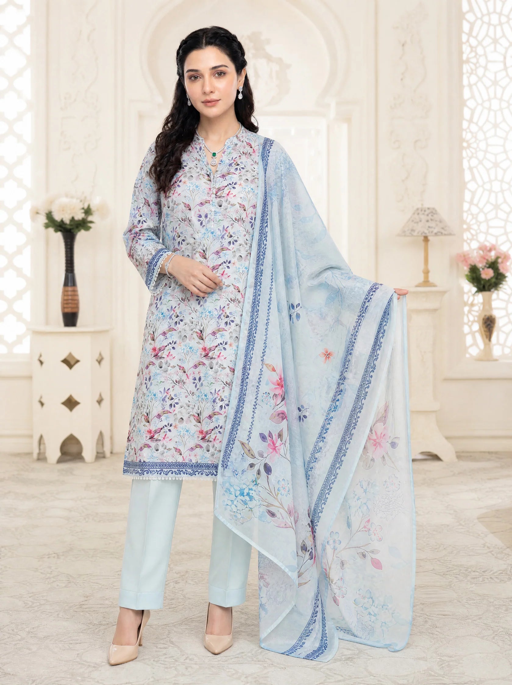 03-Piece Printed Lawn Suit With Cotton Trouser | Ready To Wear