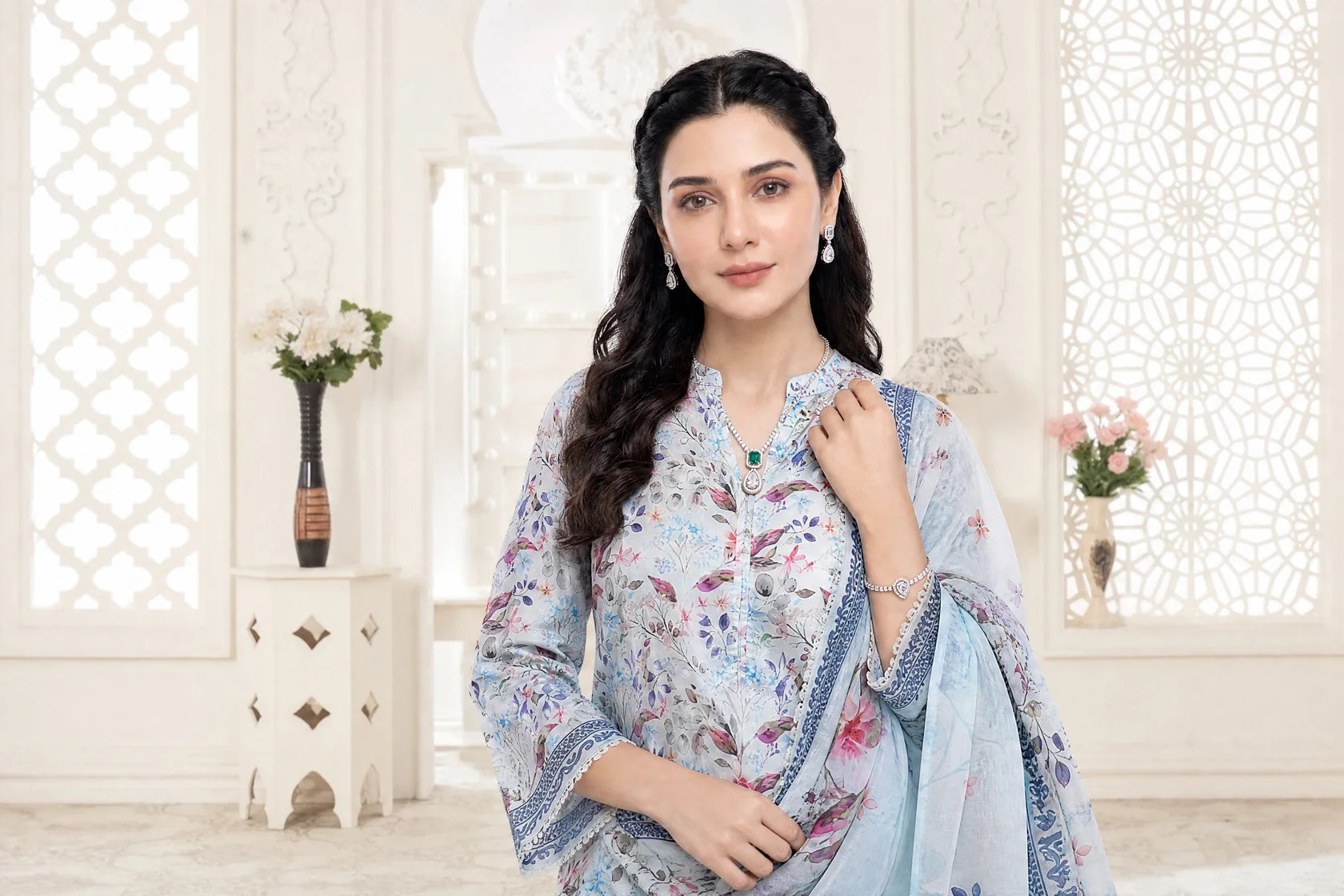 03-Piece Printed Lawn Suit With Cotton Trouser | Ready To Wear