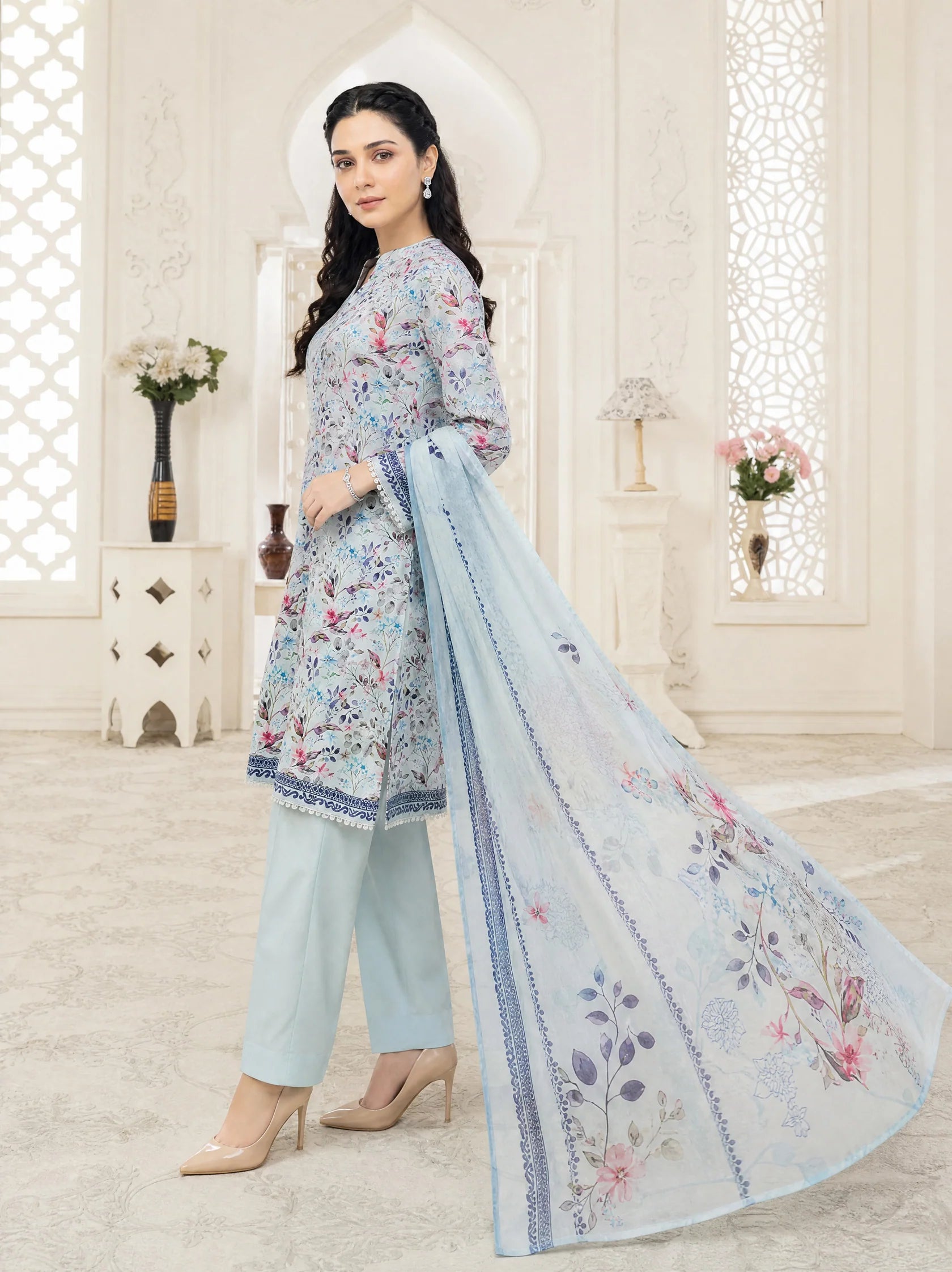03-Piece Printed Lawn Suit With Cotton Trouser | Ready To Wear