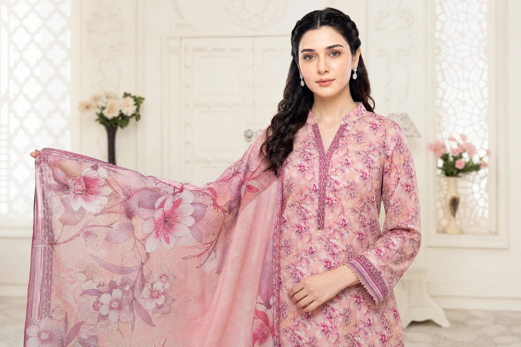 03-Piece Printed Lawn Suit With Cotton Trouser | Ready To Wear