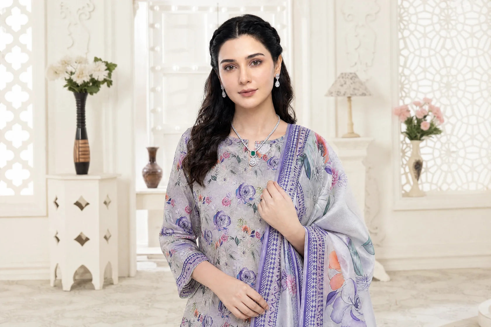 03-Piece Printed Lawn Suit With Cotton Trouser | Ready To Wear