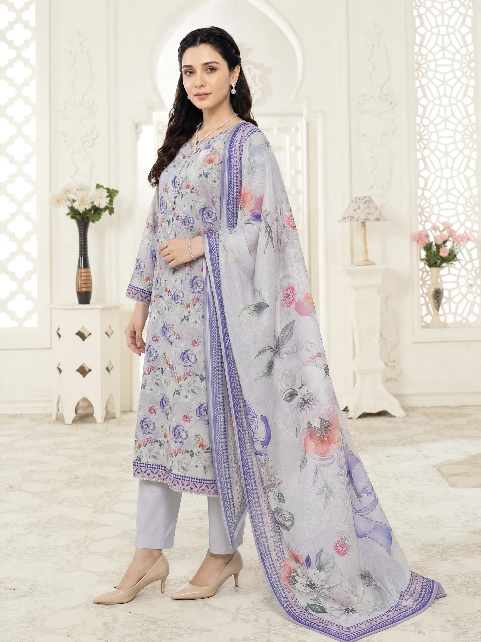 03-Piece Printed Lawn Suit With Cotton Trouser | Ready To Wear