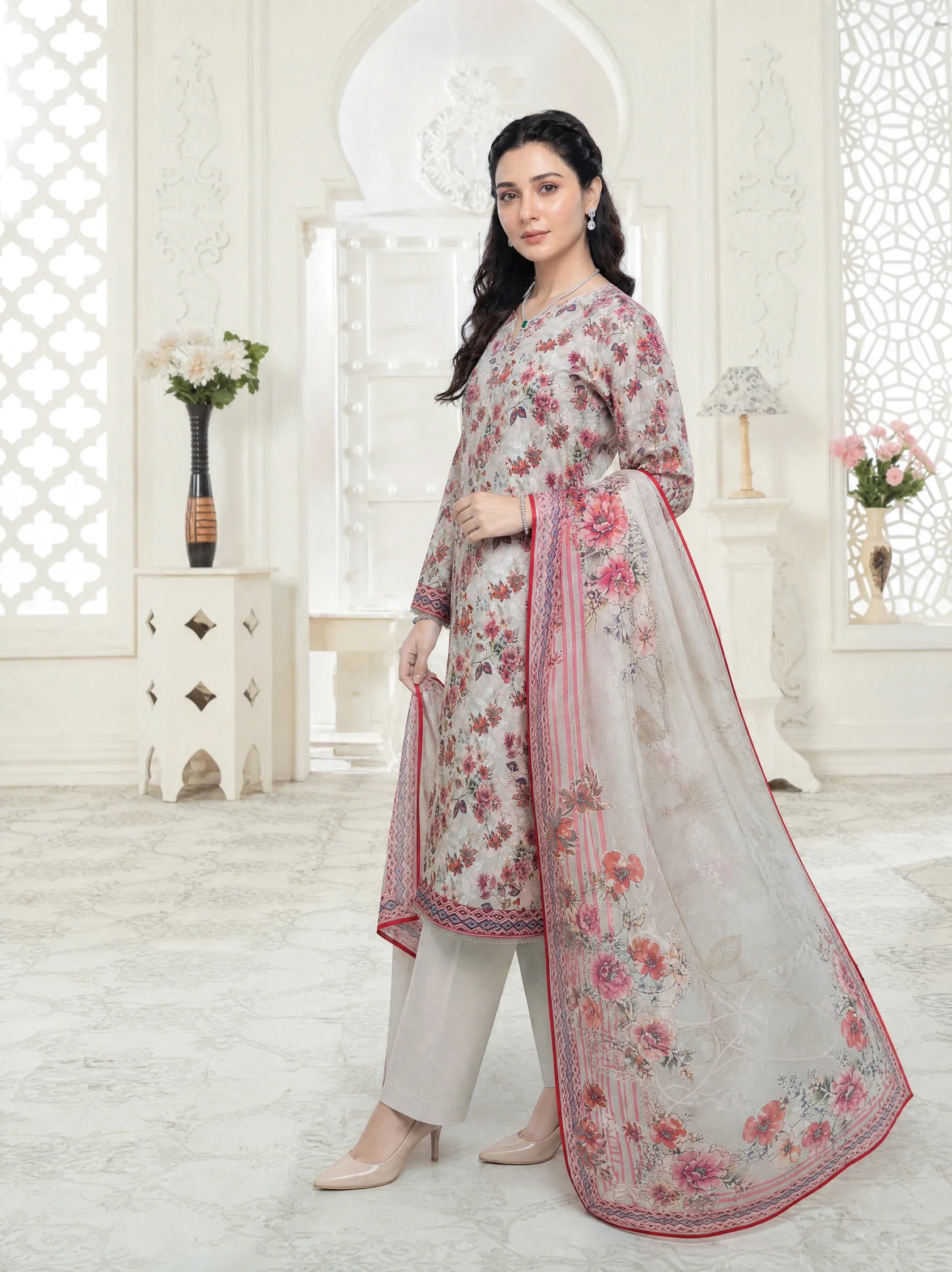 03-Piece Printed Lawn Suit With Cotton Trouser | Ready To Wear