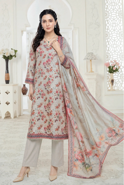03-Piece Printed Lawn Suit With Cotton Trouser | Ready To Wear
