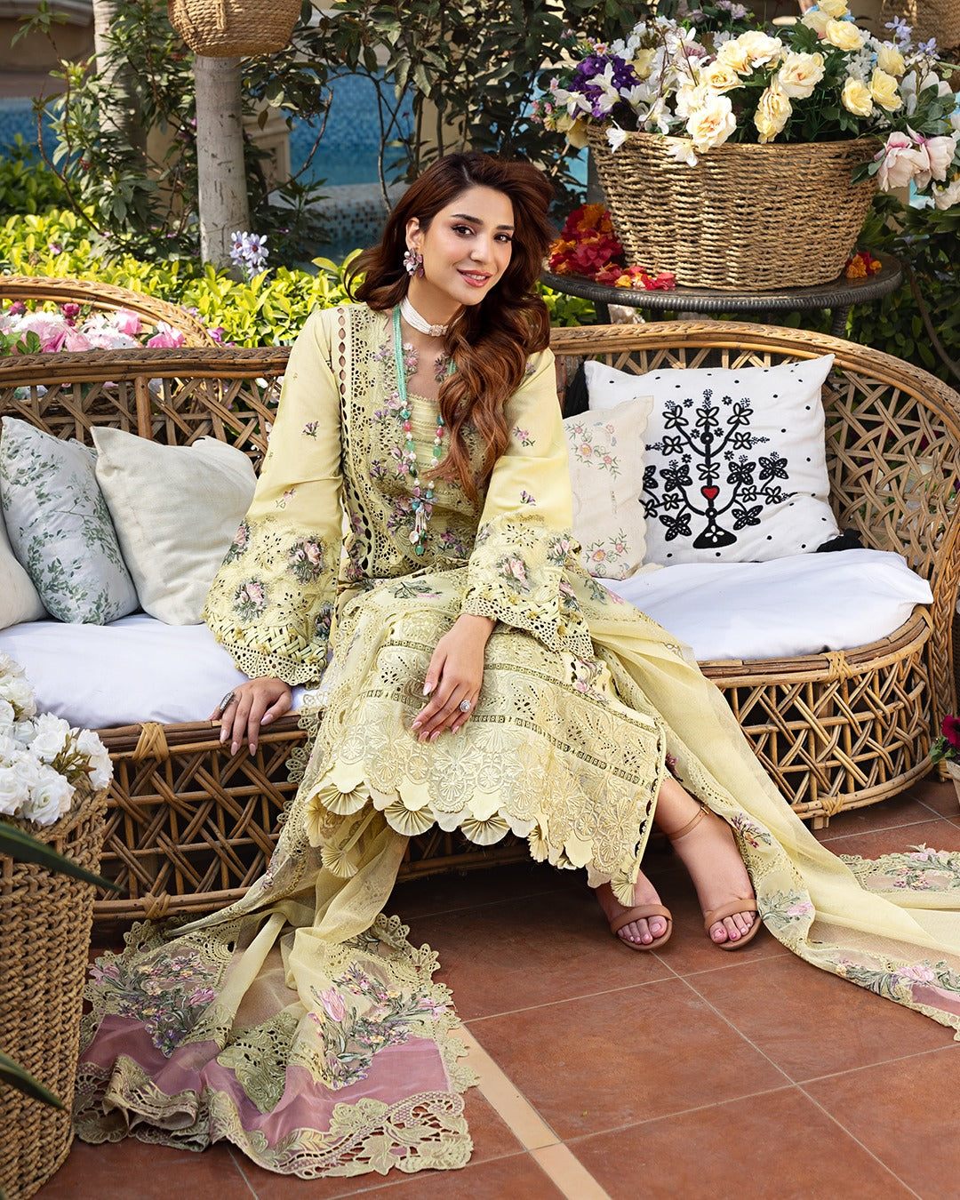 3 Pcs Chickenkari Embroidered Suit with Khaddi Net Dupatta | Ready to Wear