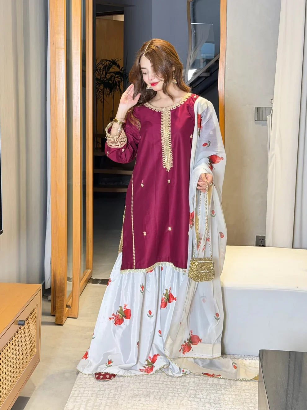 03-Piece Silk Suit With Printed Dupatta & Trouser | Ready To Weae