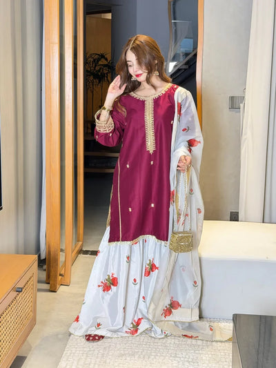 03-Piece Silk Suit With Printed Dupatta & Trouser | Ready To Weae