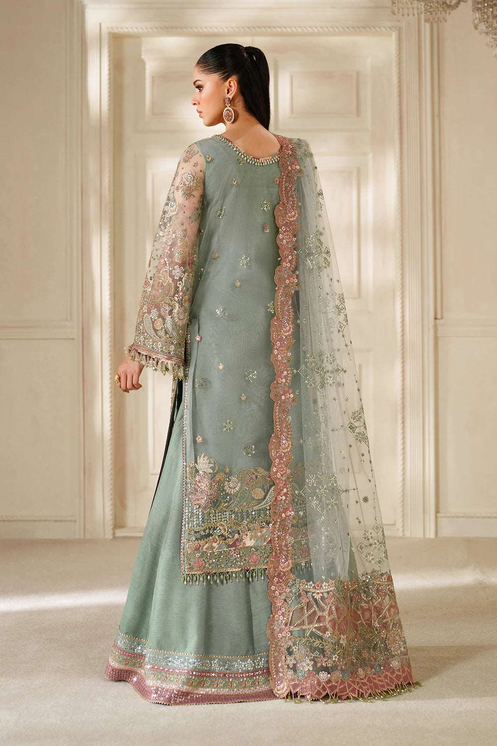 Sage Green & Dusty Rose Accent: Embroidered Chiffon Suit | Read To Wear