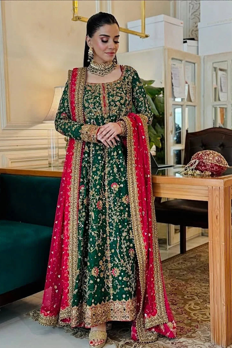 Emerald Green & Hot Pink: Embroidered Chiffon Suit | Ready To Wear