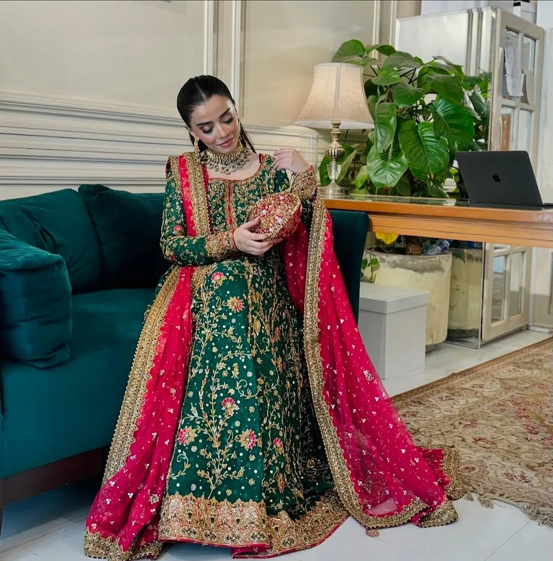 Emerald Green & Hot Pink: Embroidered Chiffon Suit | Ready To Wear