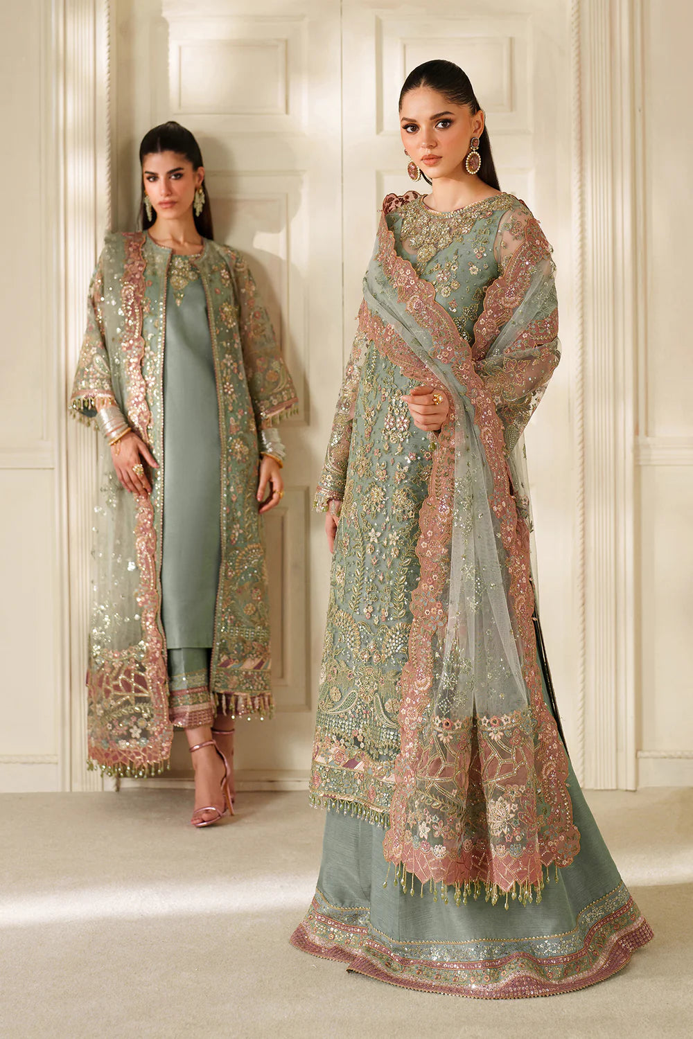 Sage Green & Dusty Rose Accent: Embroidered Chiffon Suit | Read To Wear