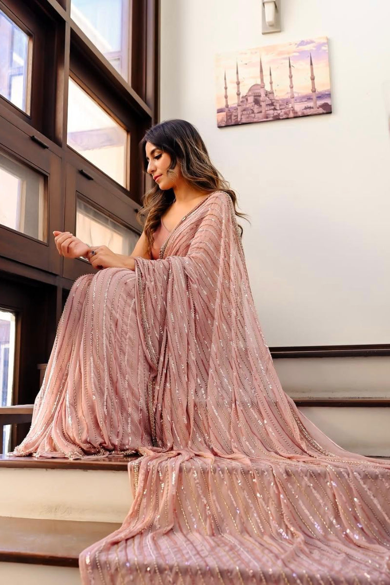 Semi Pure Chiffon Sequence Embroidered Saree  | Ready To Wear
