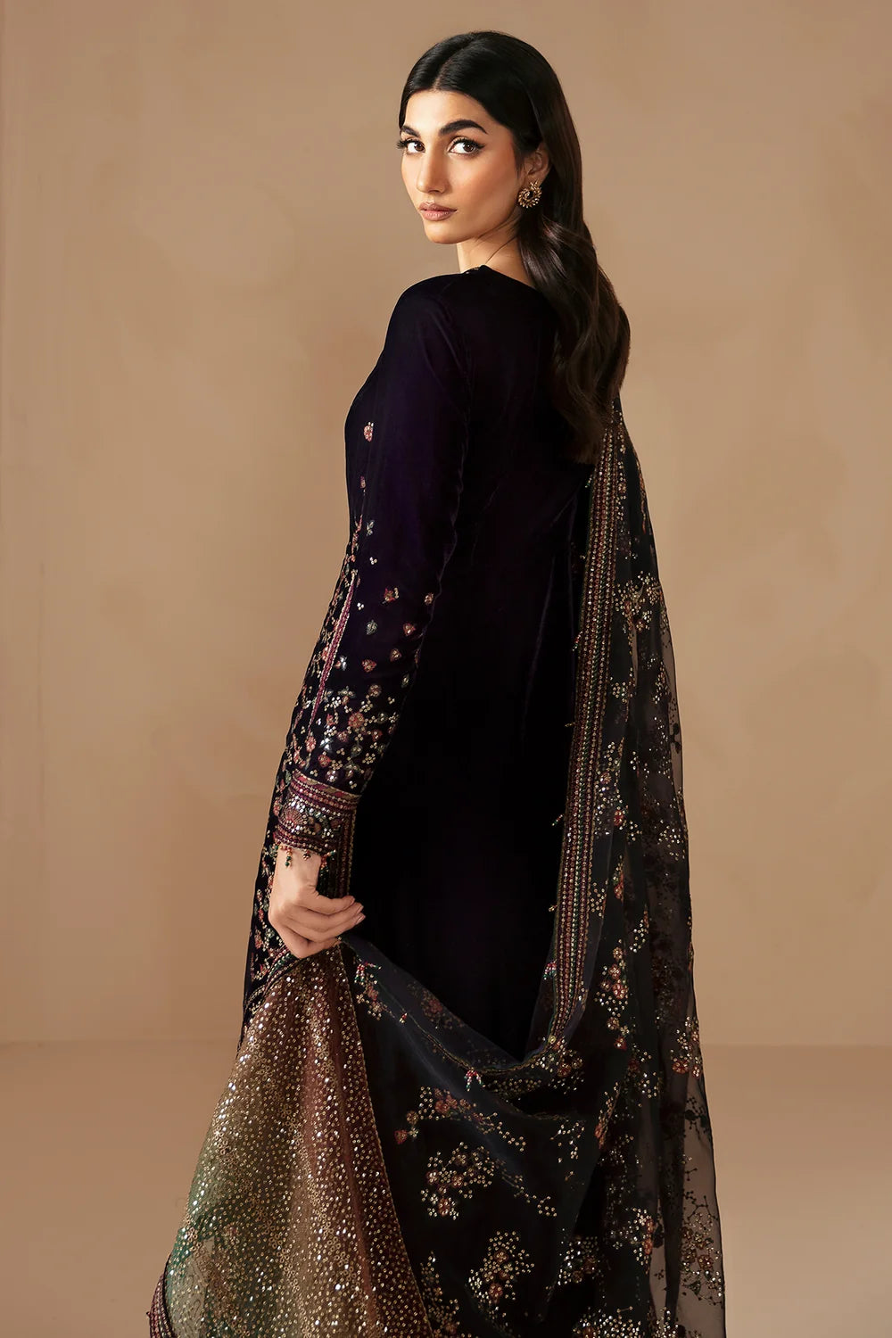 Deep Violet & Jewel Accent: Embroidered Velvet Suit | Ready To Wear