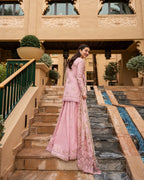 Tea Pink & Olive Gold: Embroidered Lawn Short Kurti With Sharara