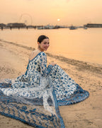 Ivory & Blue: Embroidered Lawn Suit Maxi Style | Ready To Wear