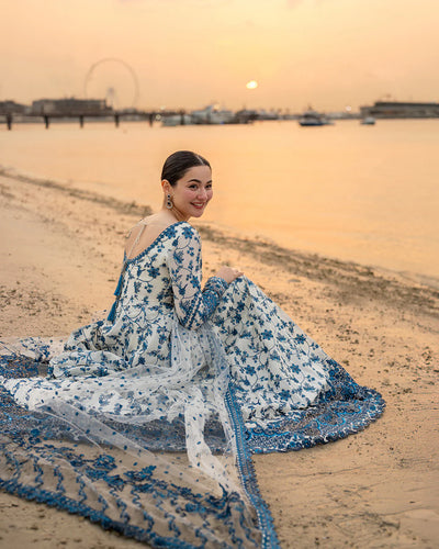 Ivory & Blue: Embroidered Lawn Suit Maxi Style | Ready To Wear