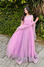Soft Lavender Mist & Silver: Embroidered Net Maxi | Ready To Wear