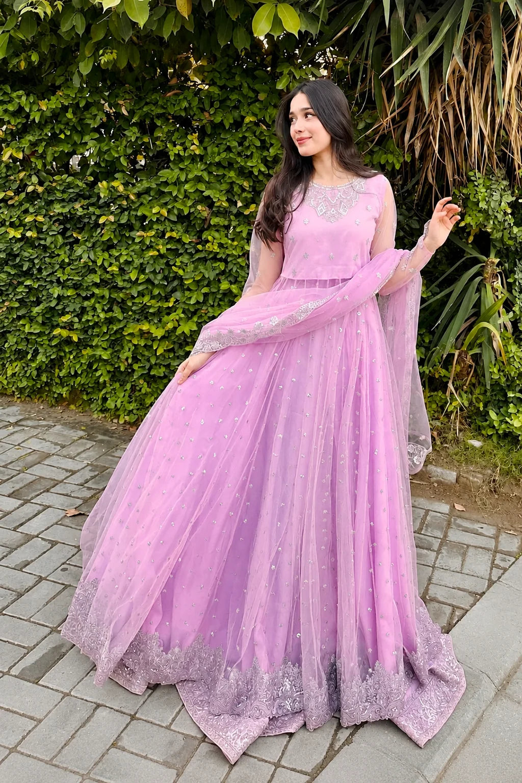 Soft Lavender Mist & Silver: Embroidered Net Maxi | Ready To Wear