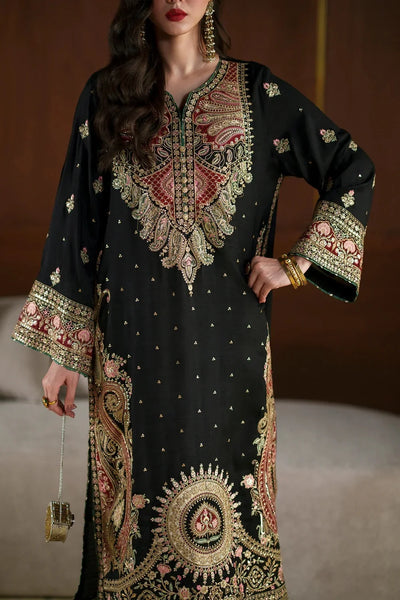 Black Kashmiri Royale: Embroidered Silk Kaftan | Ready To Wear