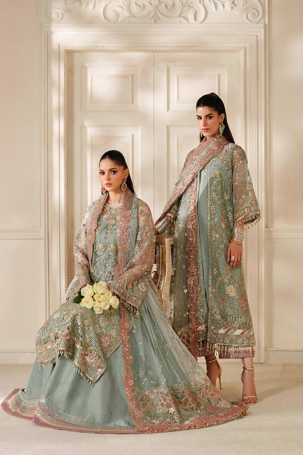 Sage Green & Dusty Rose Accent: Embroidered Chiffon Suit | Read To Wear