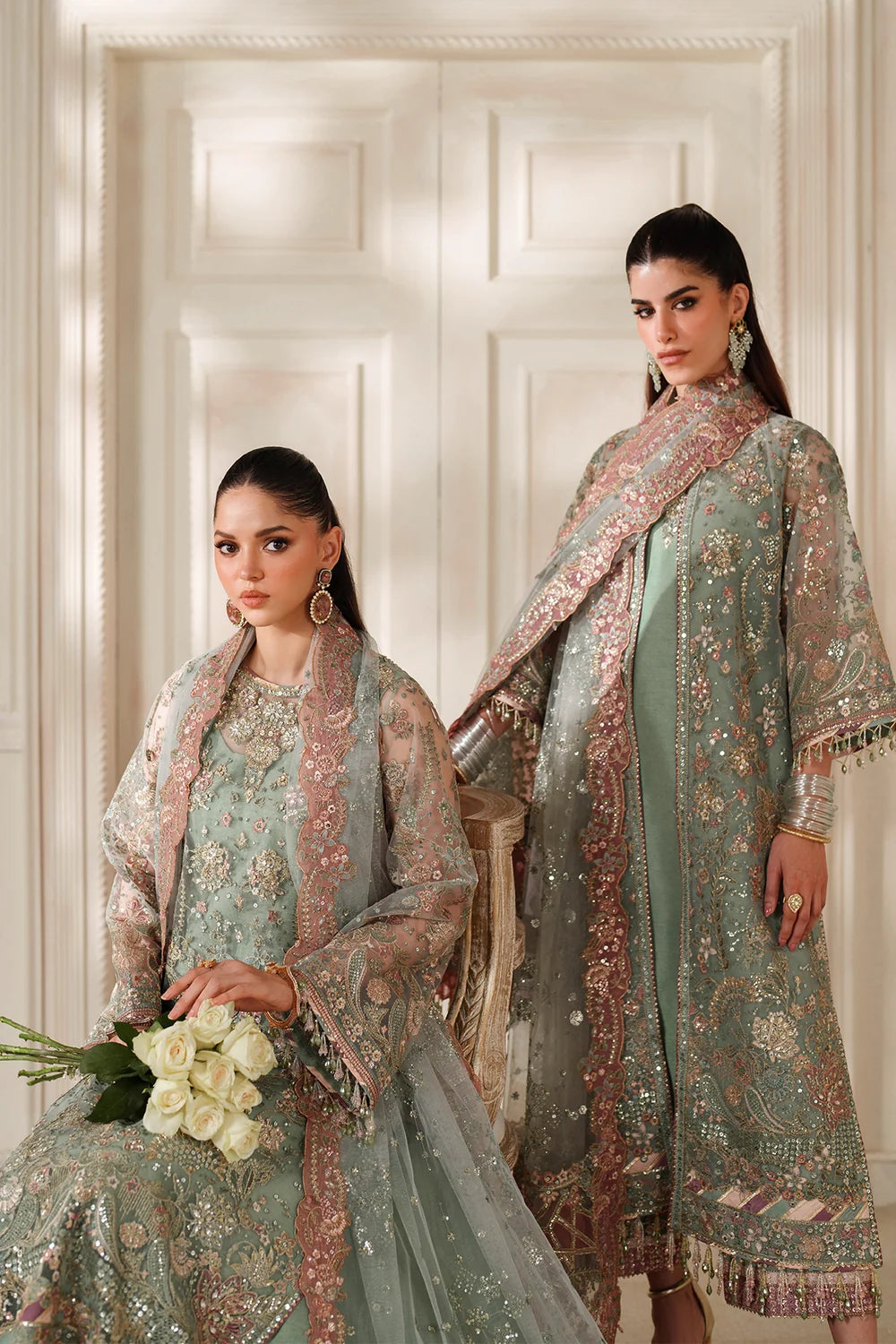 Sage Green & Dusty Rose Accent: Embroidered Chiffon Suit | Read To Wear