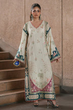 Ivory Oasis: 02-Piece Botanical Embroidered Silk Kaftan | Ready To Wear