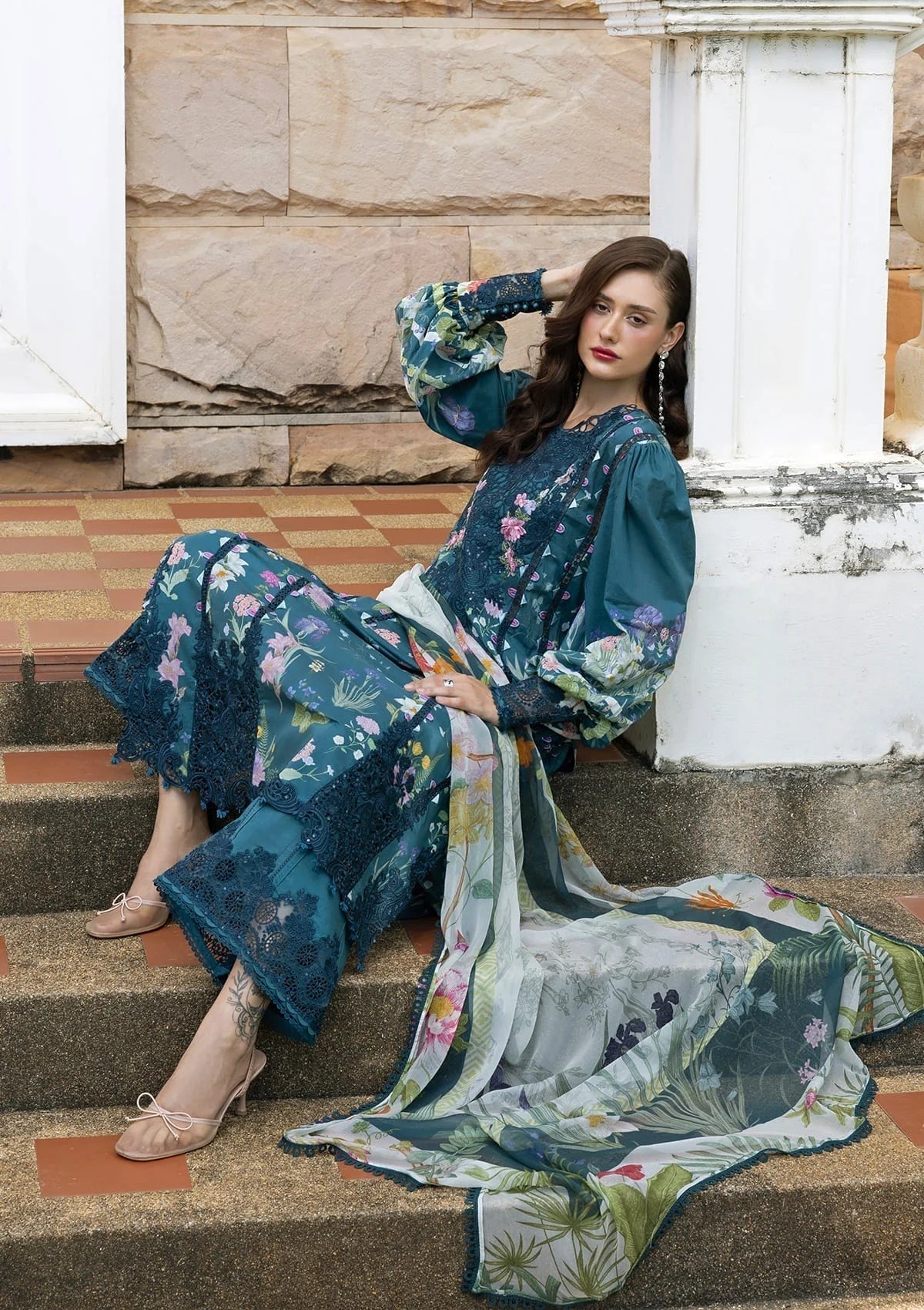 3 Pcs Embroidered Lawn Suit with Chiffon Dupatta | Ready To Wear