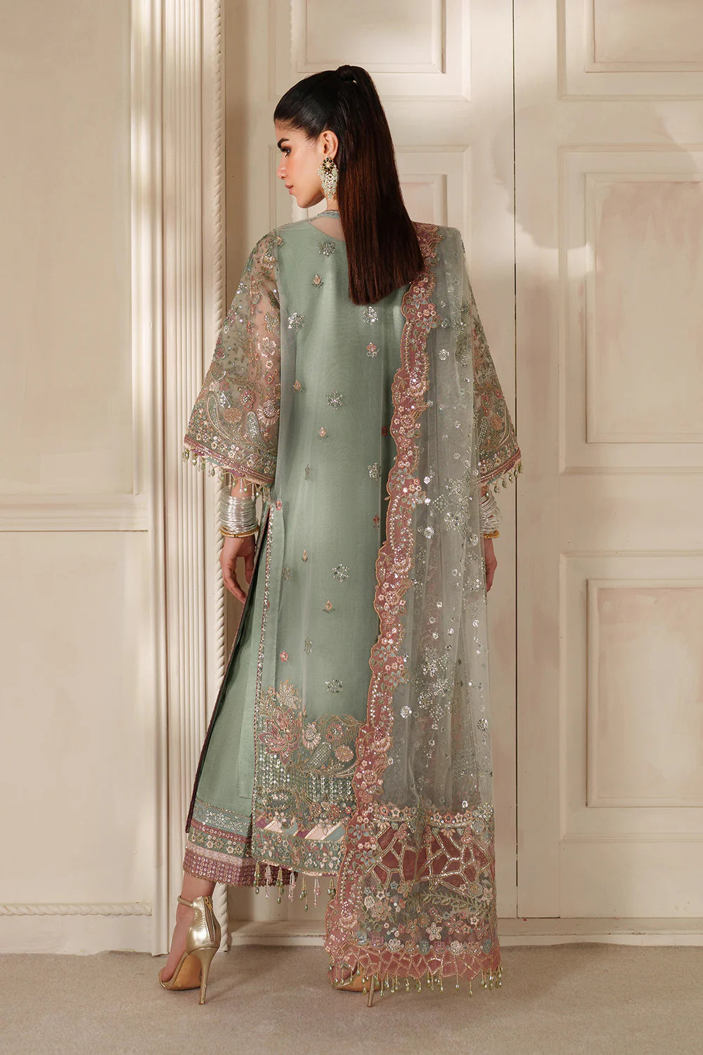 Sage Green & Dusty Rose Accent: Embroidered Chiffon Suit | Read To Wear