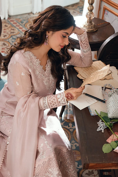 Pastel Blush Pink & White: Embroidered Chiffon Suit | Ready To Wear