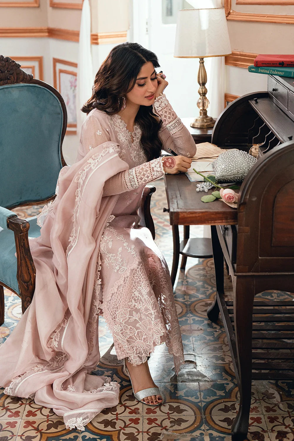 Pastel Blush Pink & White: Embroidered Chiffon Suit | Ready To Wear