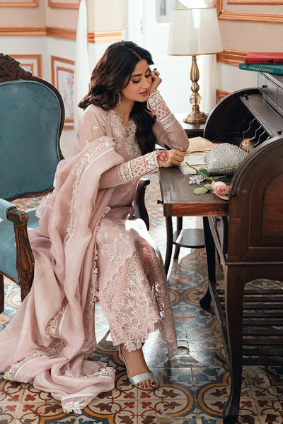 Pastel Blush Pink & White: Embroidered Chiffon Suit | Ready To Wear