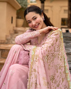 Tea Pink & Olive Gold: Embroidered Lawn Short Kurti With Sharara