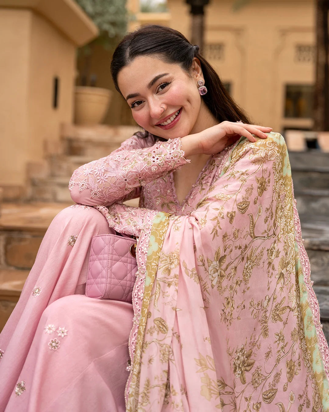 Tea Pink & Olive Gold: Embroidered Lawn Short Kurti With Sharara