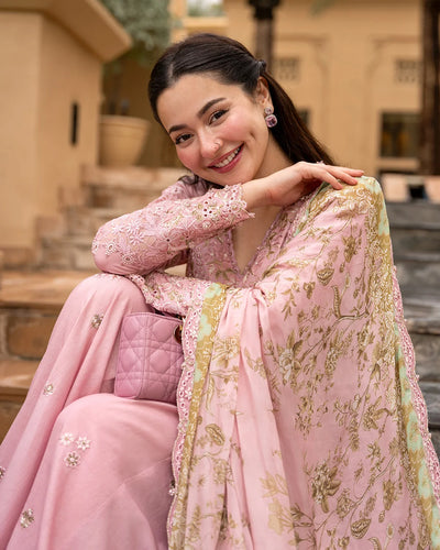 Tea Pink & Olive Gold: Embroidered Lawn Short Kurti With Sharara