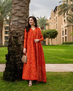 Burnt Orange: 03-Piece Embroidered Lawn Frock | Ready To Wear