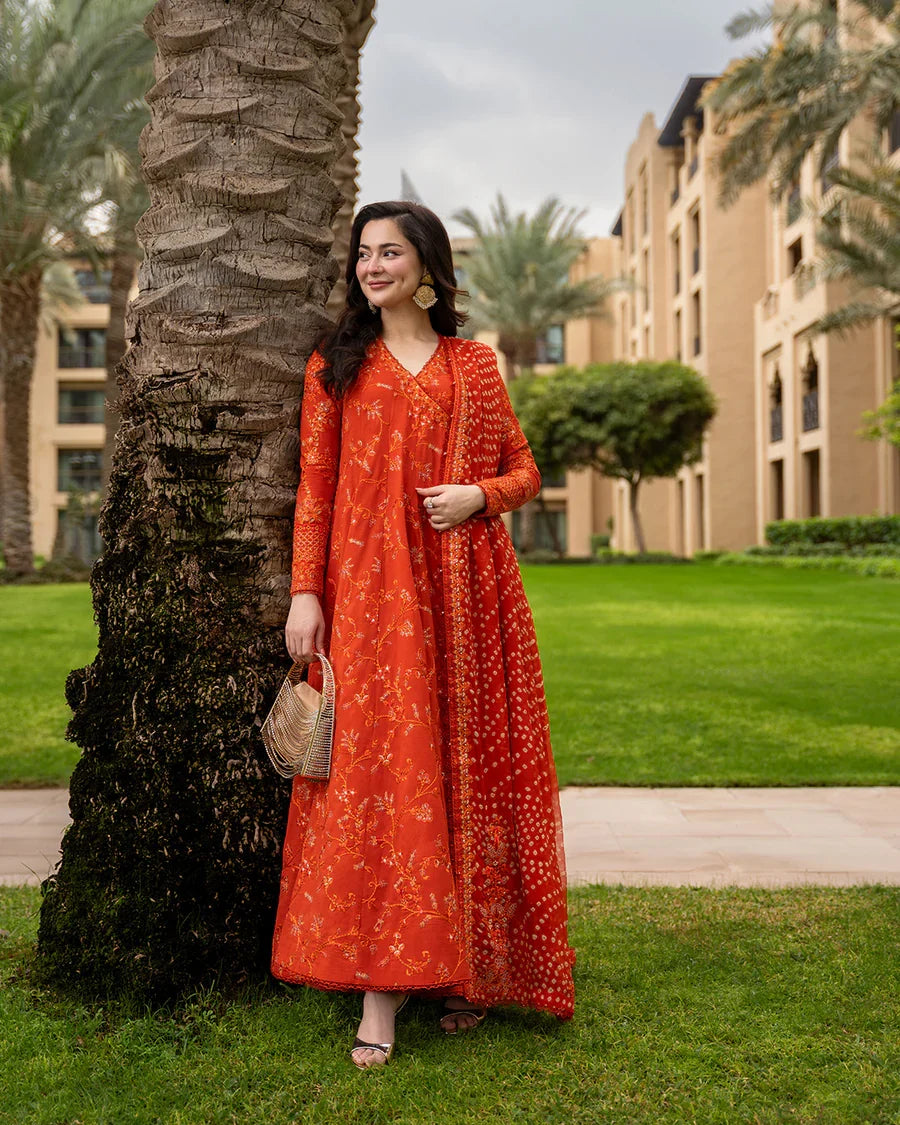 Burnt Orange: 03-Piece Embroidered Lawn Frock | Ready To Wear