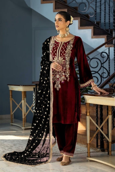Royal Maroon & Black: Embroidered Velvet Suit | Ready To Wear