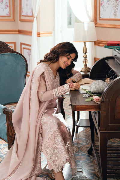 Pastel Blush Pink & White: Embroidered Chiffon Suit | Ready To Wear