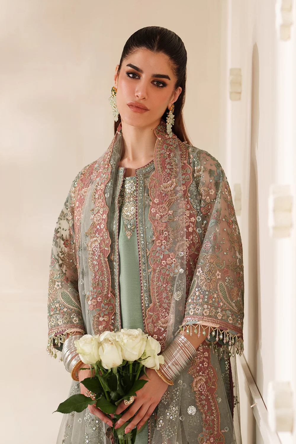 Sage Green & Dusty Rose Accent: Embroidered Chiffon Suit | Read To Wear