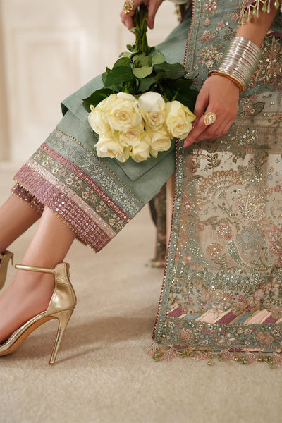 Sage Green & Dusty Rose Accent: Embroidered Chiffon Suit | Read To Wear
