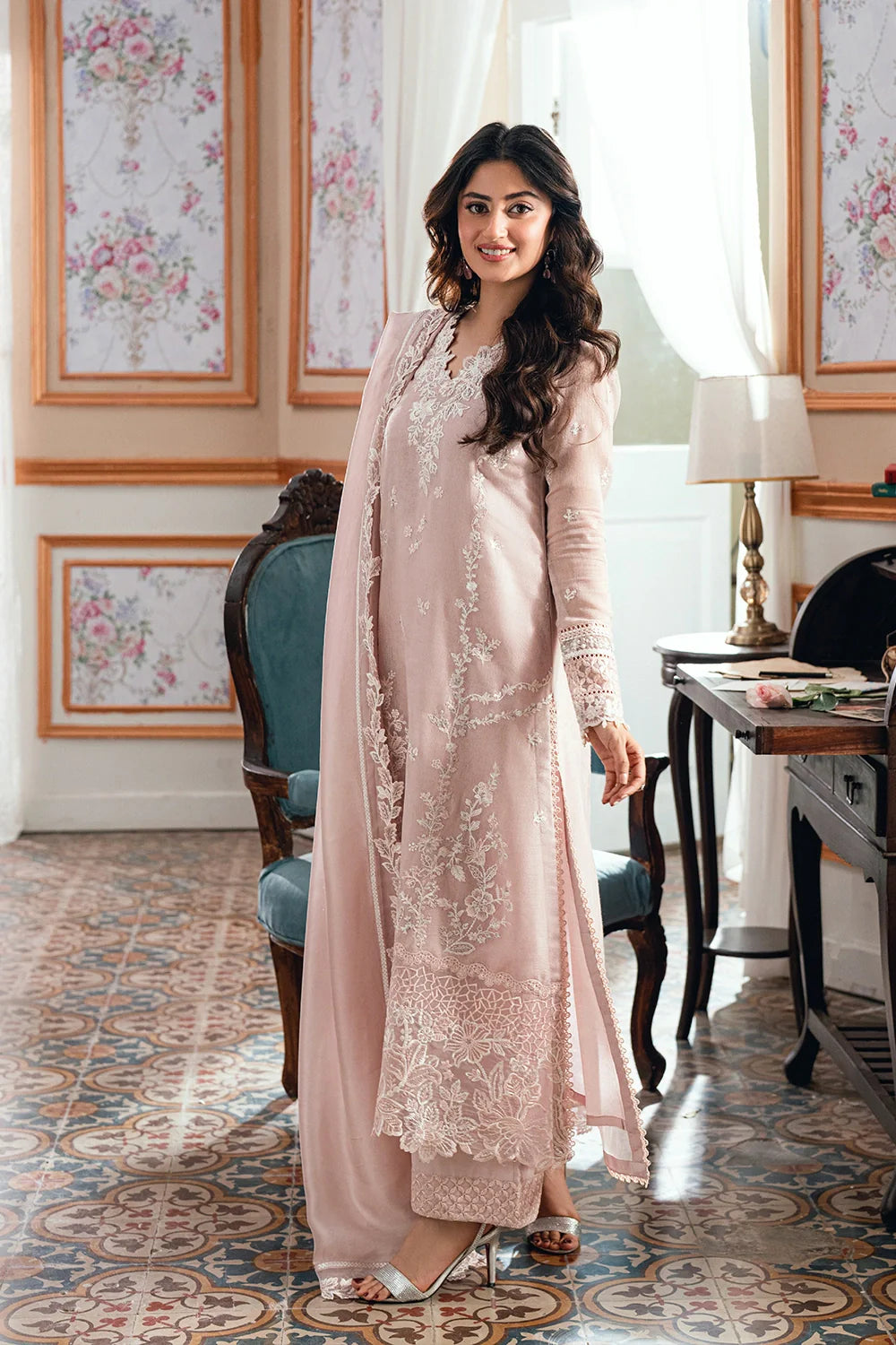 Pastel Blush Pink & White: Embroidered Chiffon Suit | Ready To Wear