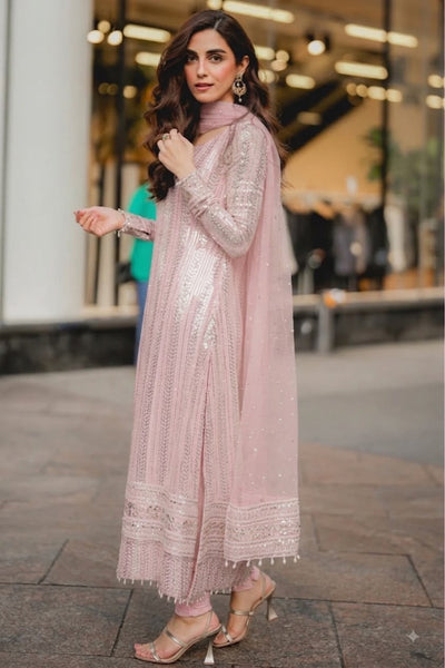 3 Pcs Semi Pure Chiffon Sequence Embroidered Suit with Dupatta | Ready To Wear